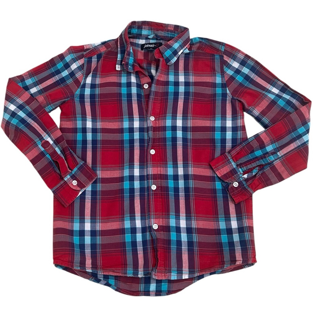 johnnie-O Multicolor red navy turquoise plaid button down Shirt sz medium(boys)